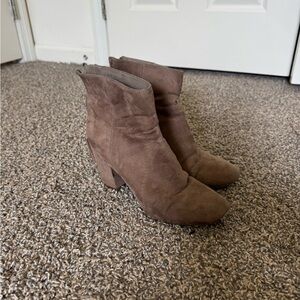 Suede Block Heel Ankle Boots in Taupe